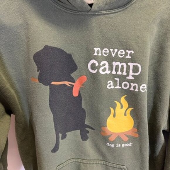 Dog is Good Never Camp Alone Olive Green Hooded Sweatshirt - Picture 2 of 6
